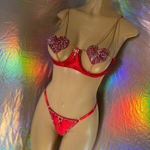 Glamorous Red Heart Lingerie with Gold Chains